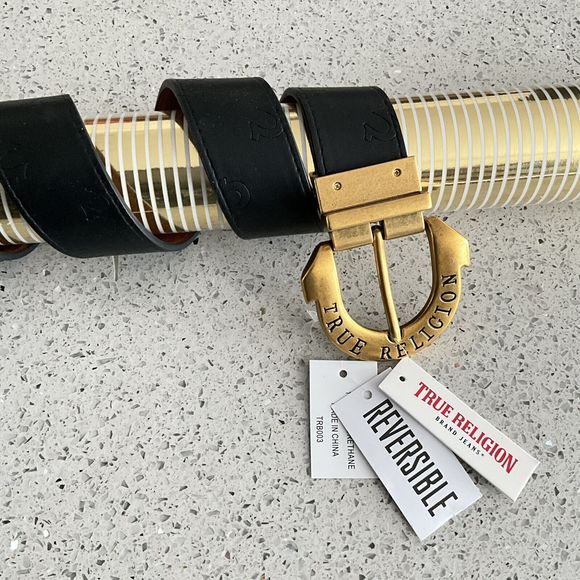 + True Religion Belt Black Brown Reversible Logo Imprint Gold-tone Horseshoe - Picture 3 of 9
